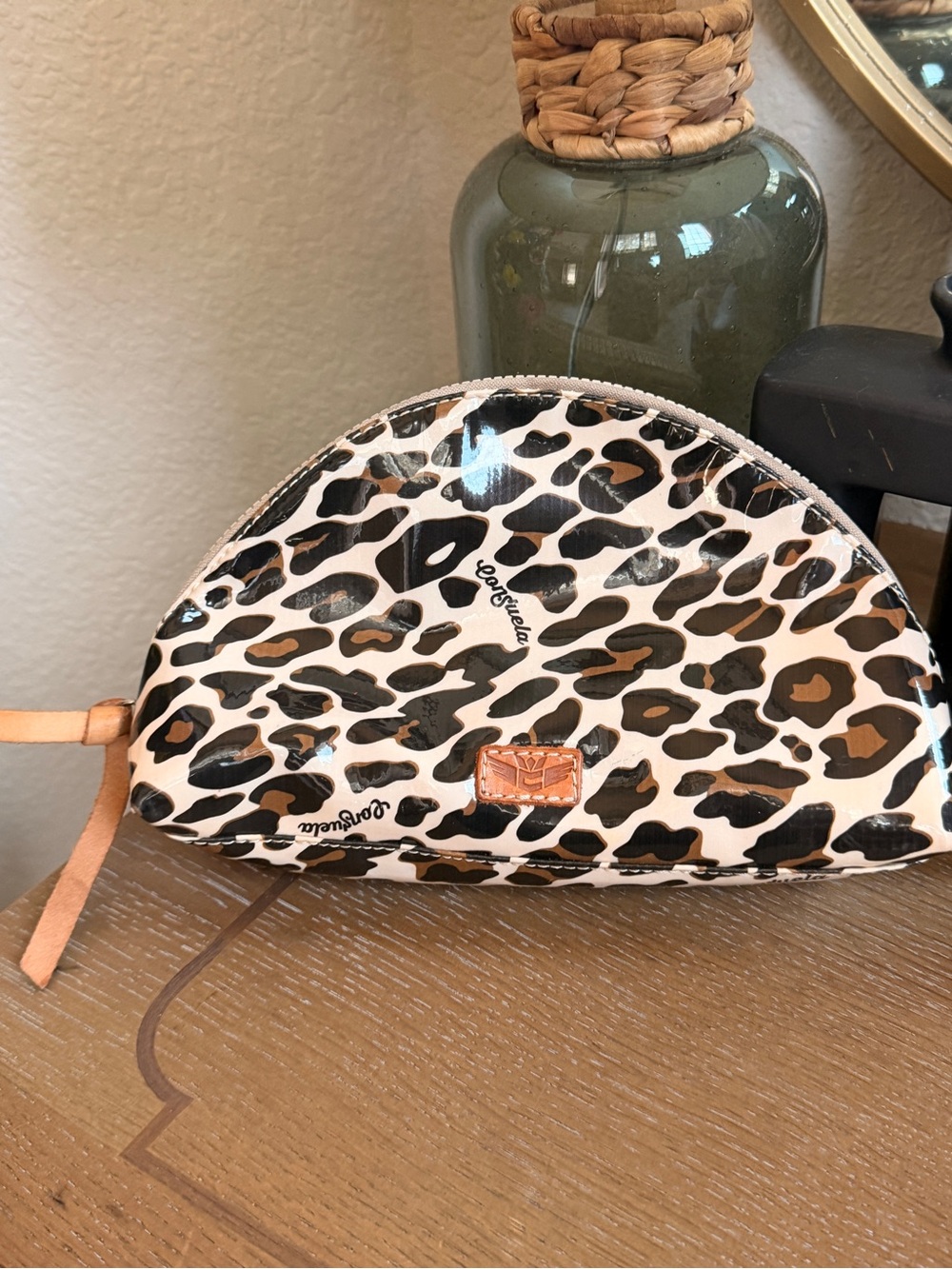 Consuela Leopard Print Patent Half-Moon Cosmetic Pouch in Cream, Black, Brown